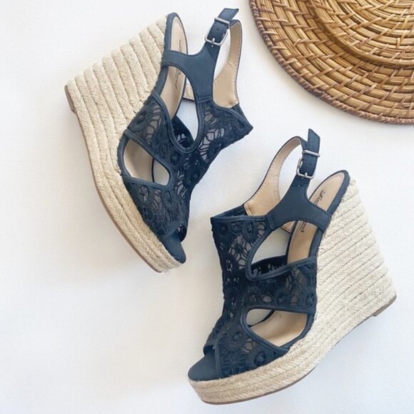 Lucky Brand Black Ranette Crochet Wedge Sandals 9 - Picture 2 of 8